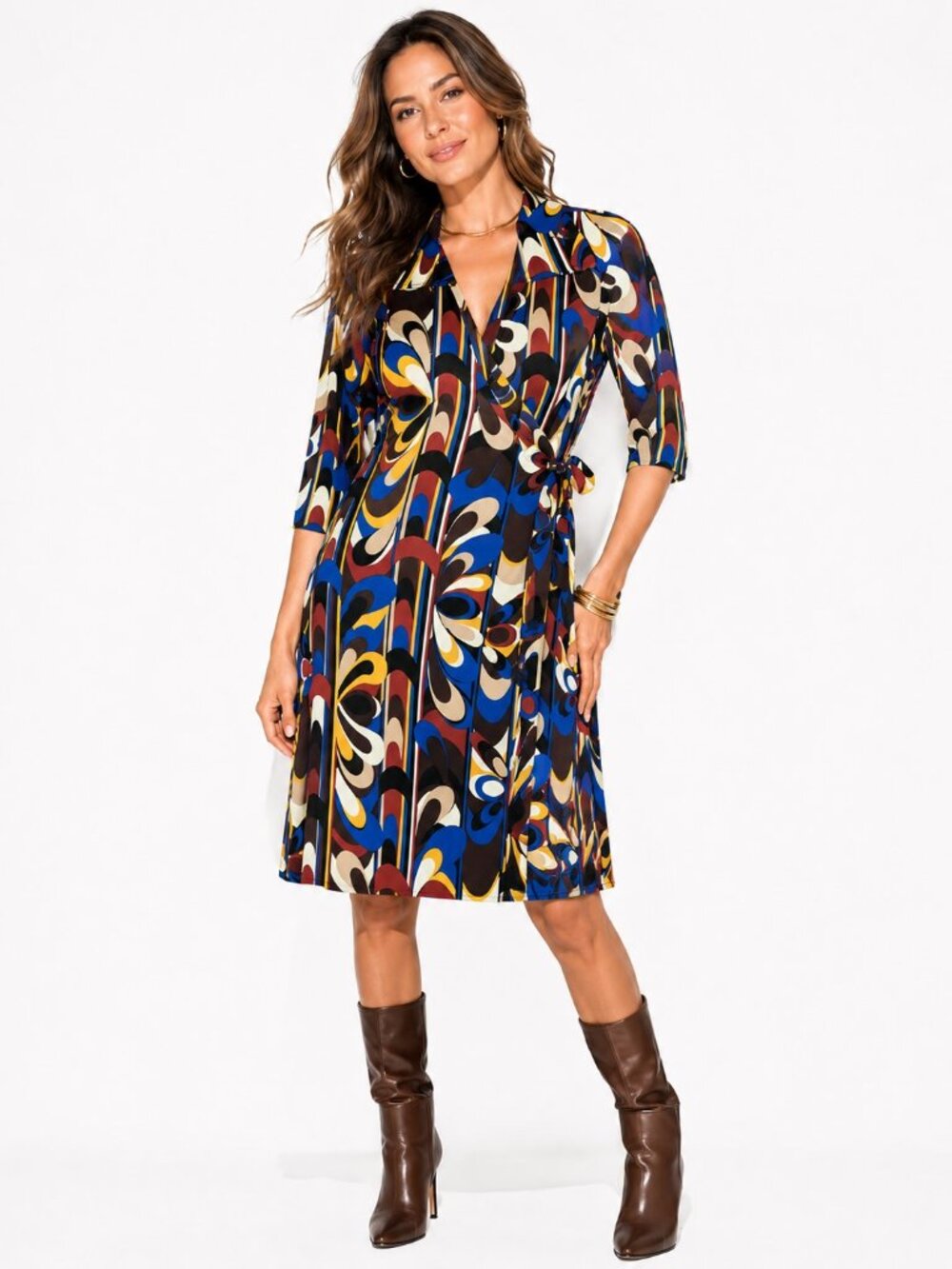 La Belle Psychedelic Mod Print Knit Wrap Dress Womens Medium Retro Midi